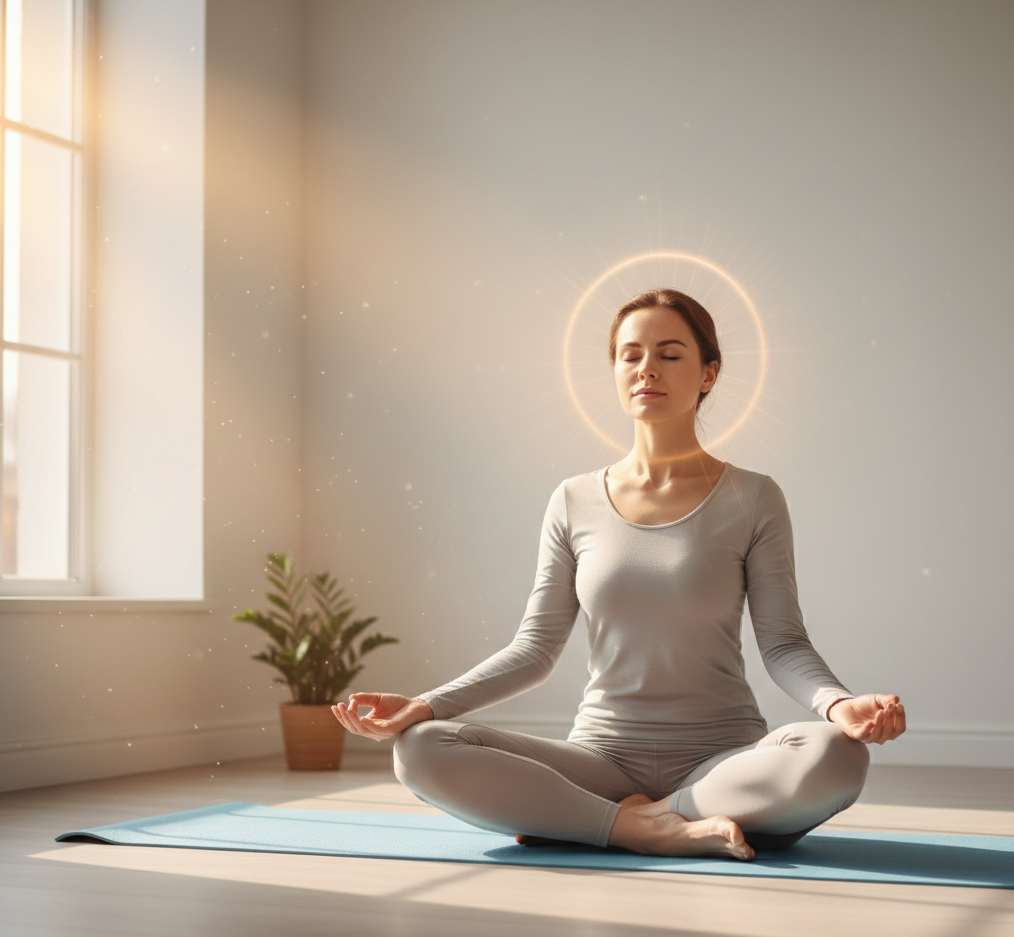 Persona meditando en esterilla con luz suave simbolizando calma interior.