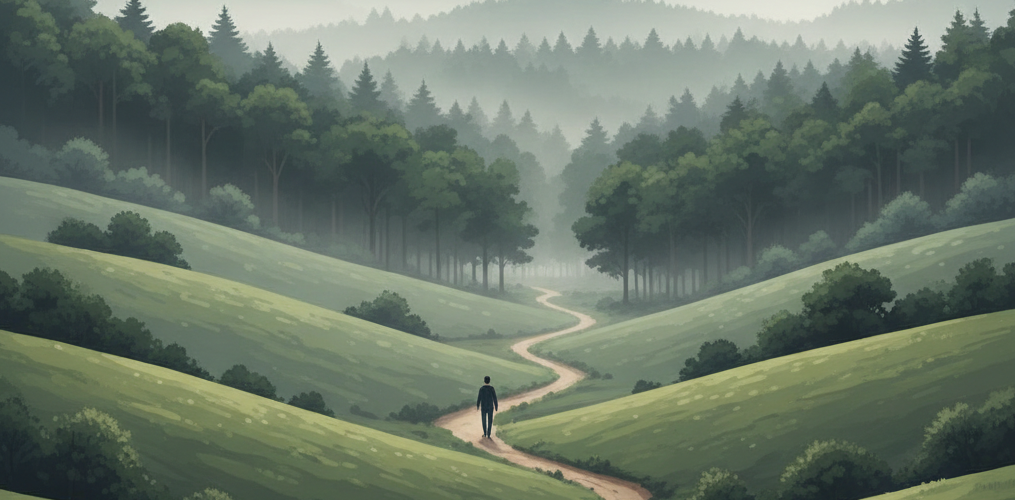 Persona caminando en un paisaje verde de Asturias al amanecer hacia un bosque envuelto en niebla ligera.