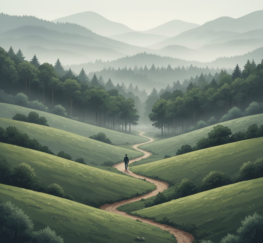 Persona caminando en un paisaje verde de Asturias al amanecer hacia un bosque envuelto en niebla ligera.