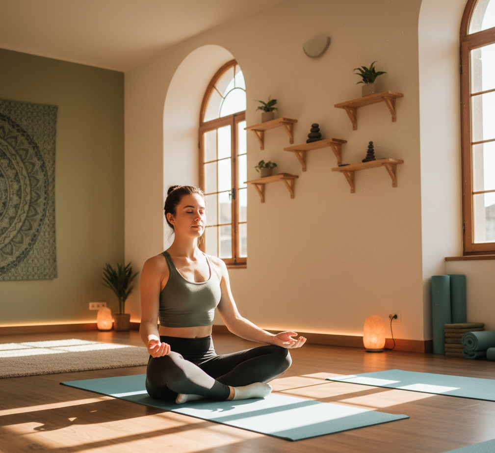 Principiante sentado en postura fácil en una sala de yoga luminosa de estilo cálido y relajado.