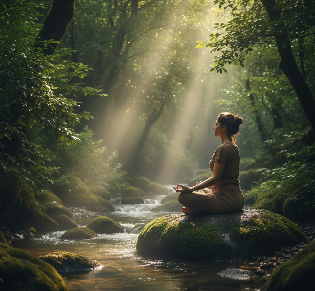 Persona meditando junto a un río rodeado de vegetación verde y luz suave entre árboles.
