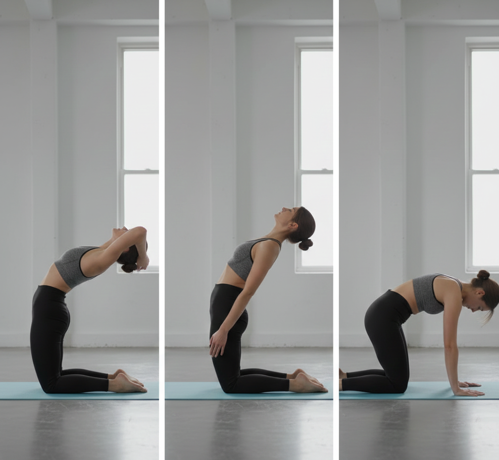 Persona practicando movilidad de columna estilo gato-vaca en una esterilla de yoga.