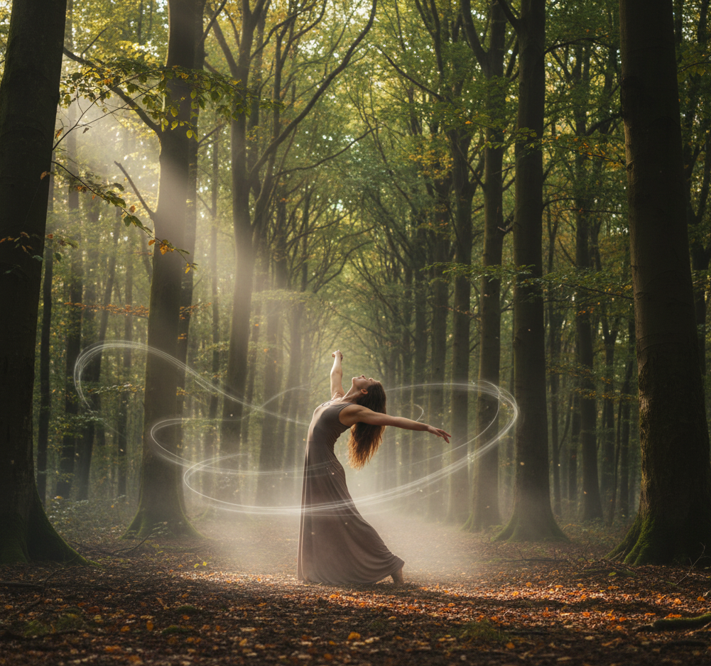 Persona realizando un movimiento consciente en un claro del bosque con aire limpio y luz natural.