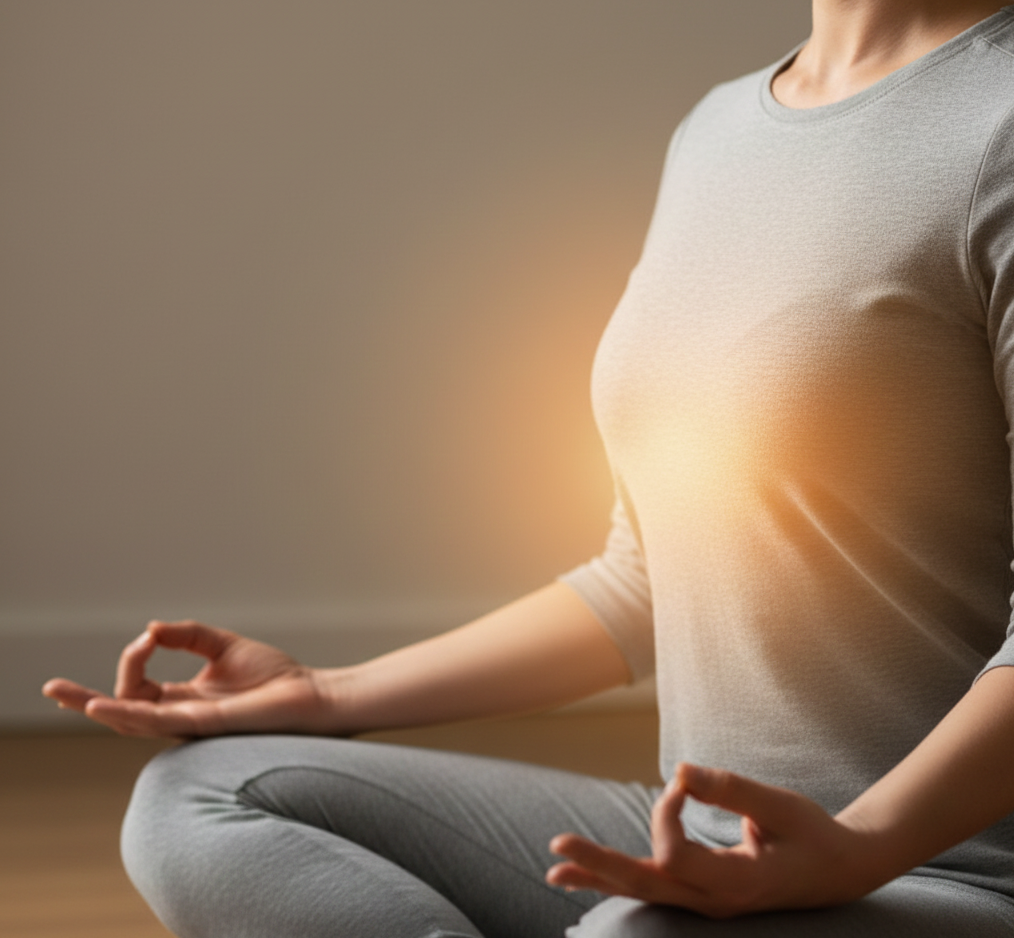 Manos en el pecho y abdomen mientras una persona practica respiración consciente sentada.