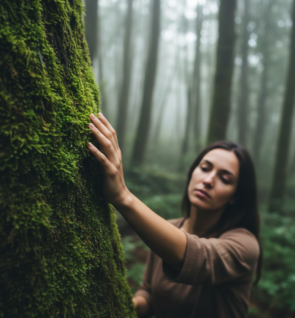Mano tocando musgo en un tronco mientras una persona observa en silencio un bosque húmedo.