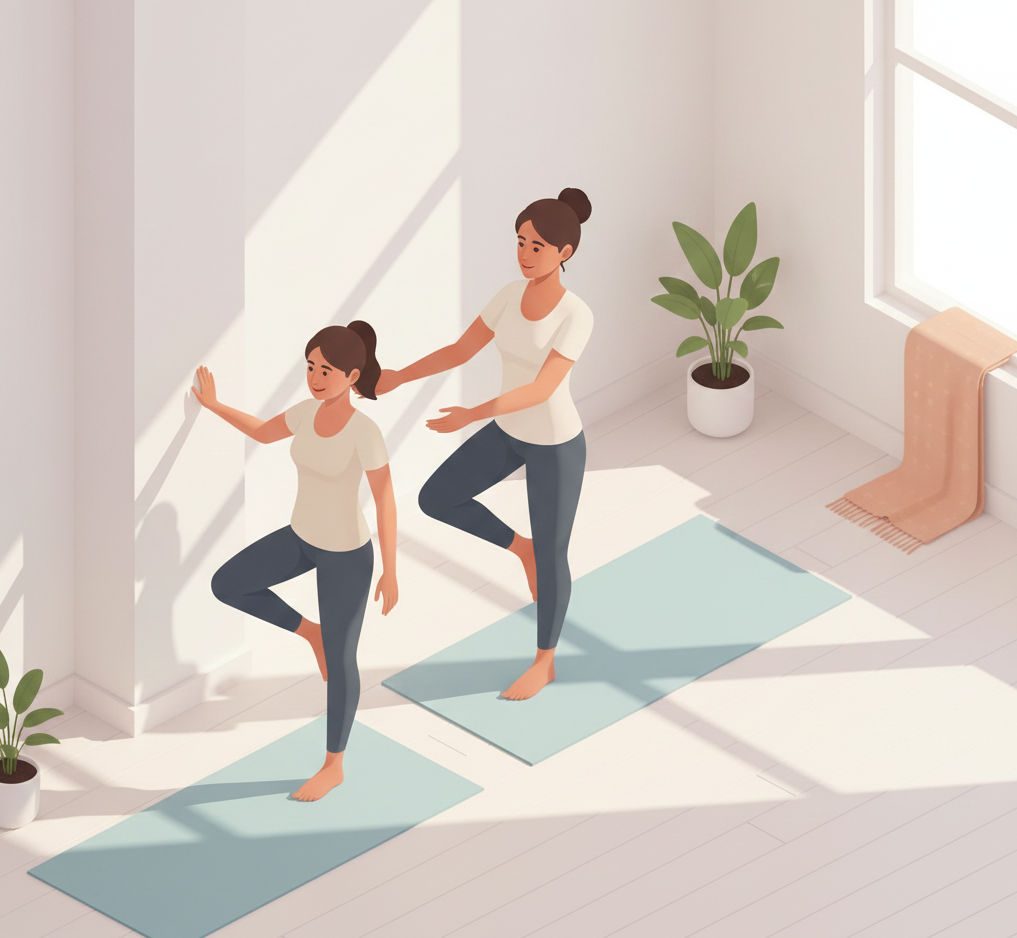 Instructora ayudando a una persona principiante a ajustar una postura básica de equilibrio.